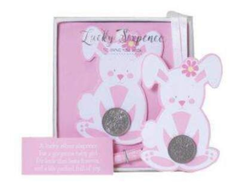 Bunny Rabbit Lucky Six Pence for Baby Girl by Deva Designs. Part of the Bunnies by the Bay Range distributed by Deva Designs. Beautiful Baby Gift.  Lucky Sixpence for Baby Girl comes on bunny tag with scroll. On the scroll it says 'A lucky silver sixp